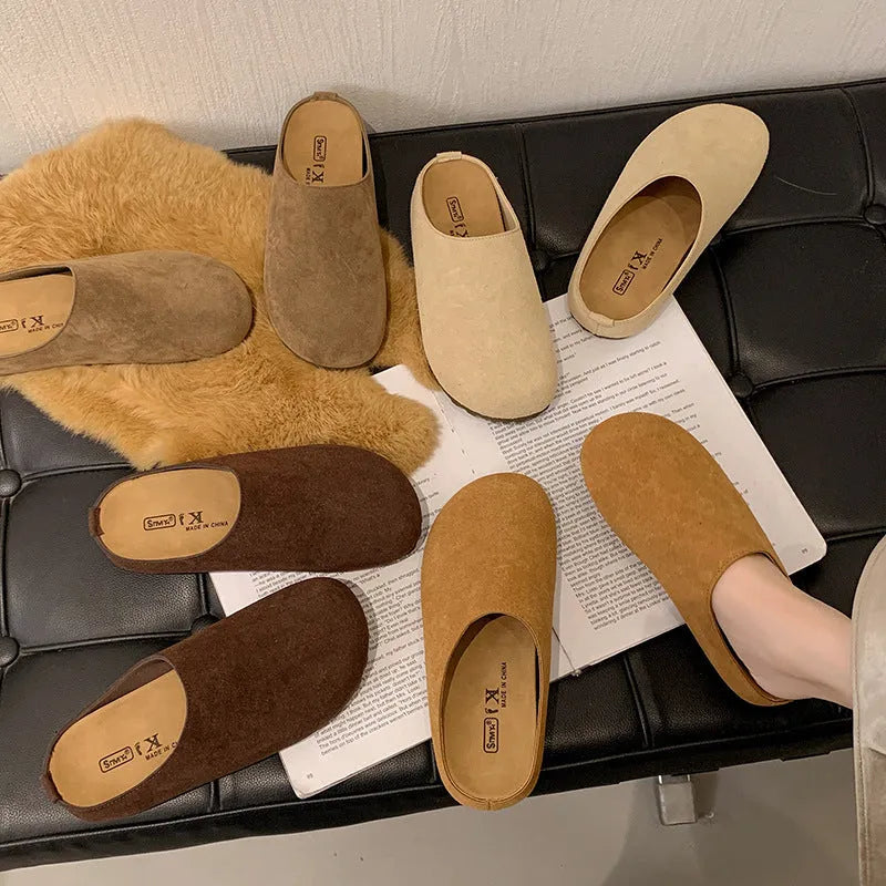 Korean style square toe flat slippers in apricot colour with microfiber upper.