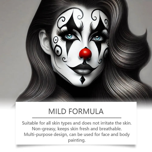 Halloween face painting kit with three colour concealer disc, two brushes, and one sponge on a flat surface