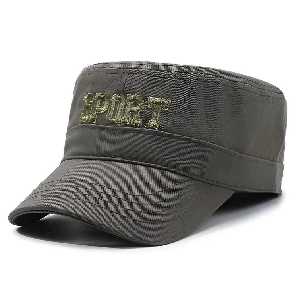 Men's flat-top peaked cap in cotton with adjustable strap, shown in army green colour.