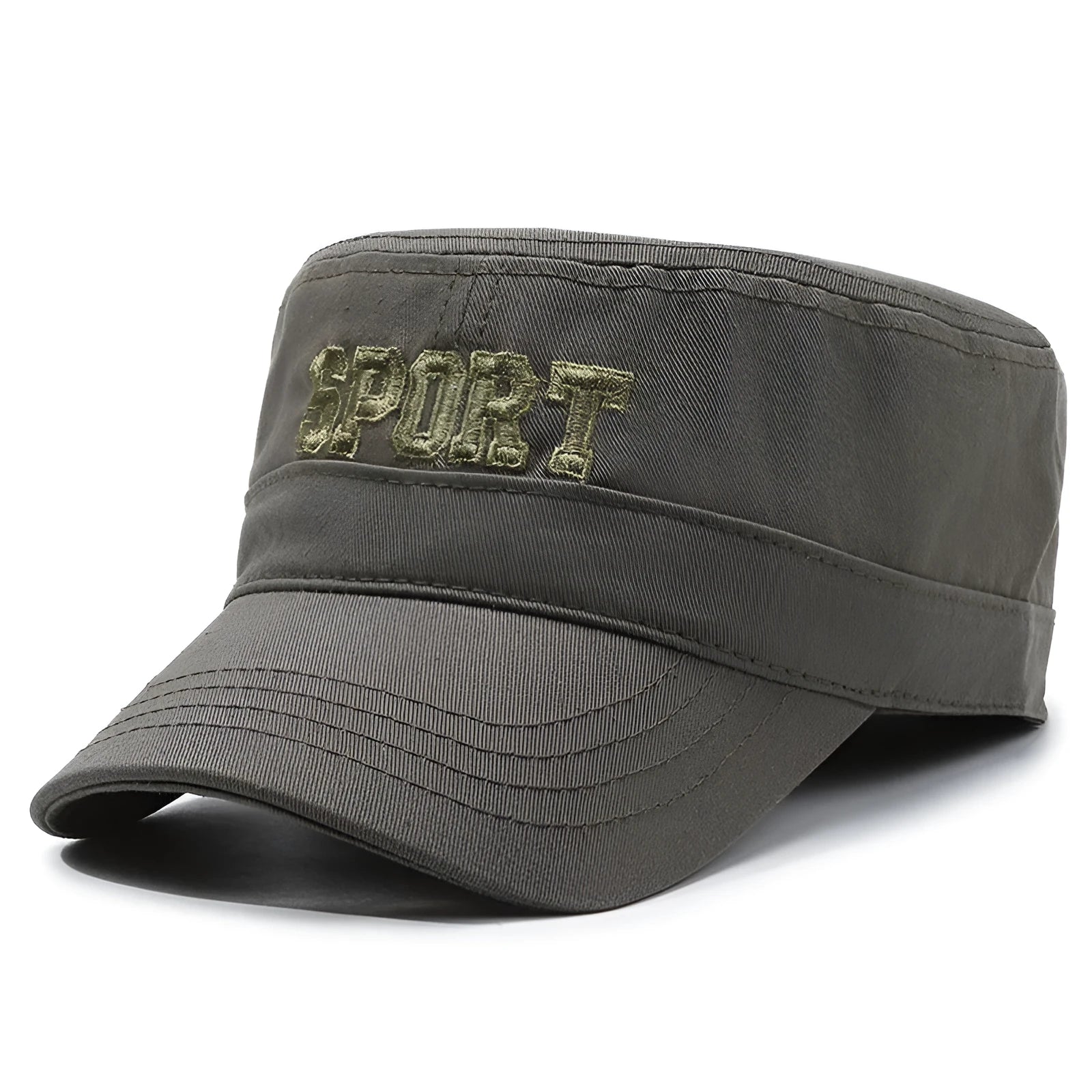 Men's flat-top peaked cap in cotton with adjustable strap, shown in army green colour.