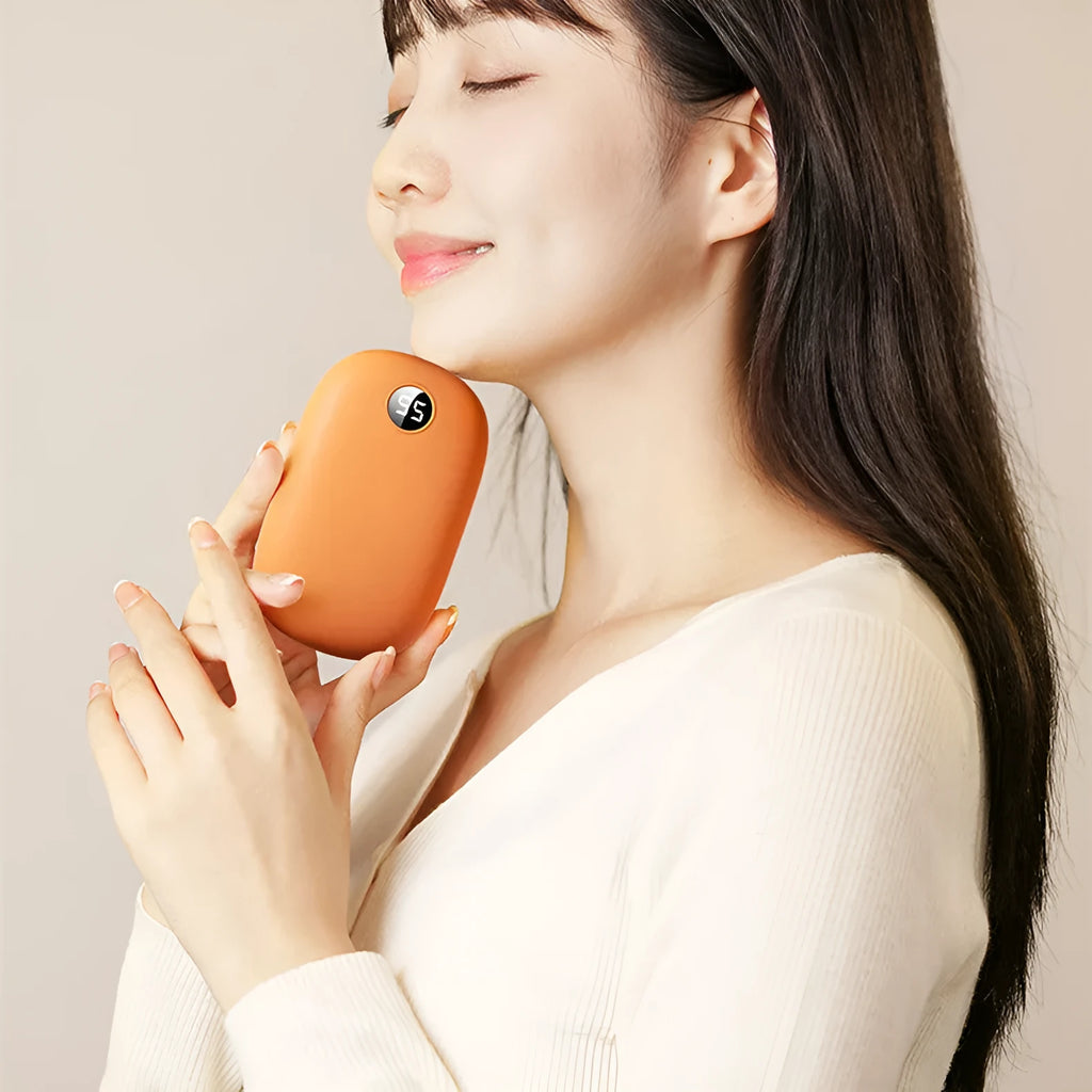 Two-in-one hand warmer and USB power bank, 11.5x7x2.6cm, in milky white, pink or warm orange