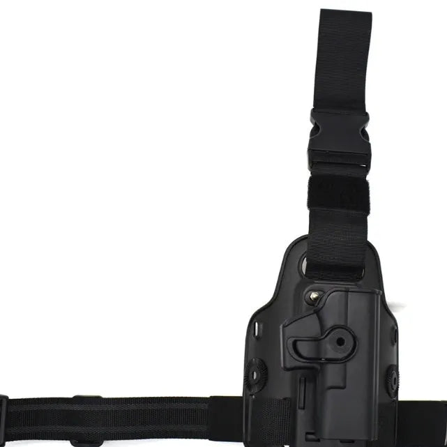 Green plastic tactical leg holster bag attached via waist plate, shown on a leg.