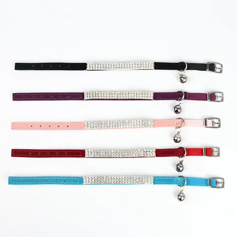 Red velvet suede cat collar with rhinestones, showing adjustable buckle and 1cm width.