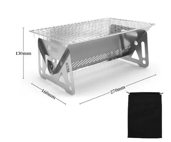 Folding stainless steel outdoor barbecue grill oven with large cooking rack, shown with storage bag.