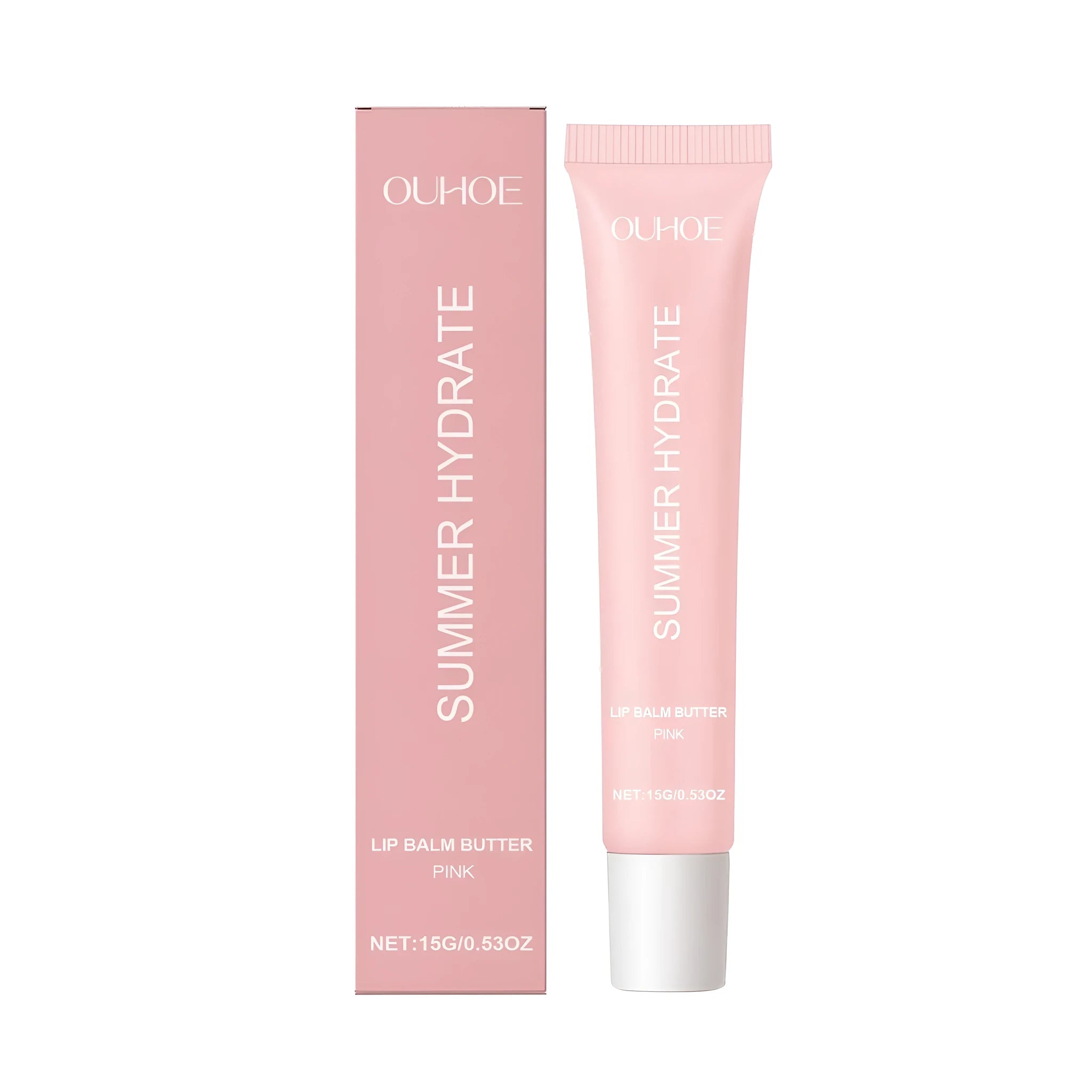Pink twist-up lip balm stick containing shea butter, olive oil and vitamin E formula