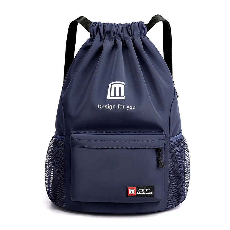 Water-repellent Oxford travel backpack with drawstring closure in black colour showing bucket shape and double shoulder straps