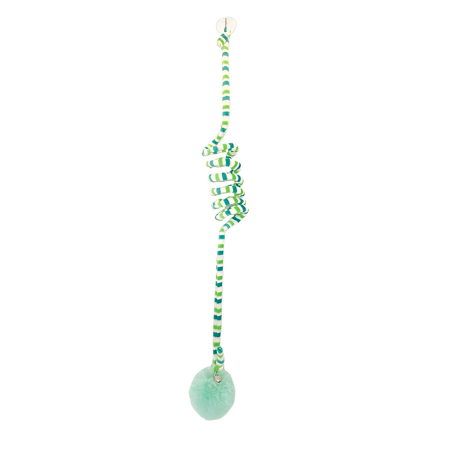 Hanging cat toy set with suction cup, colourful inflatable ball, and bell stick for kitten play.