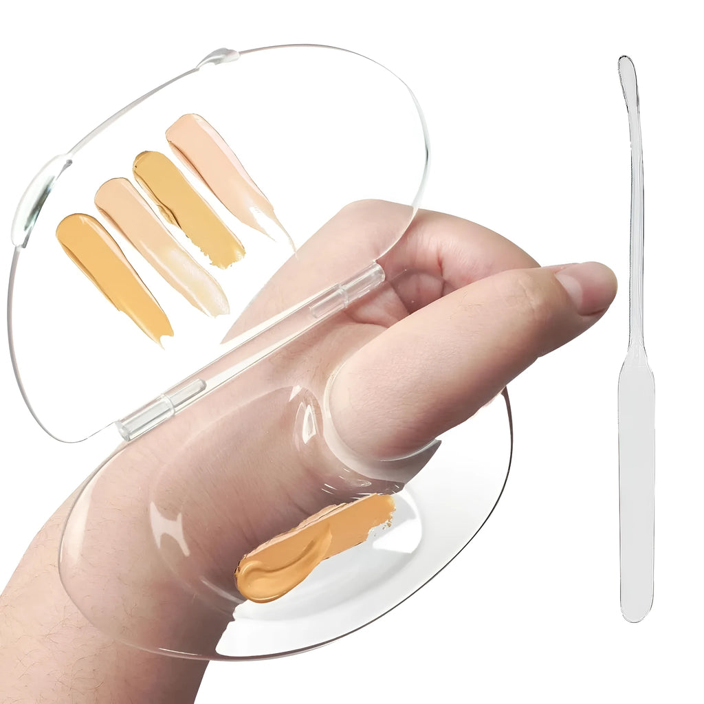 Transparent acrylic makeup mixing palette with storage grooves and colour test areas