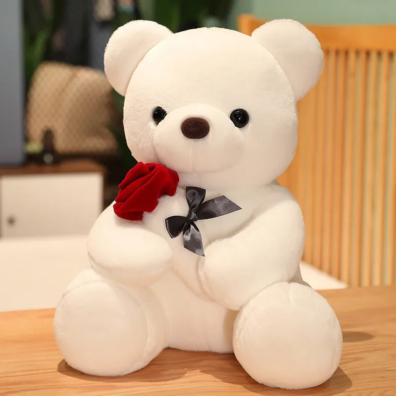 Soft plush rose bear teddy doll in beige, brown, or grey, shown in multiple size options.