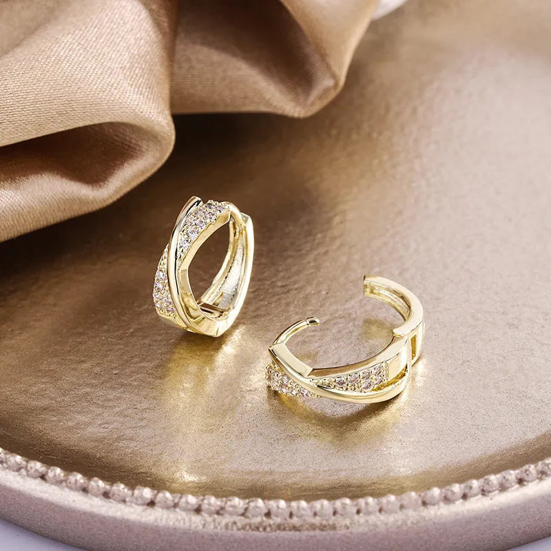 Geometric drop earrings with zircon stones and 14K yellow gold plating on copper