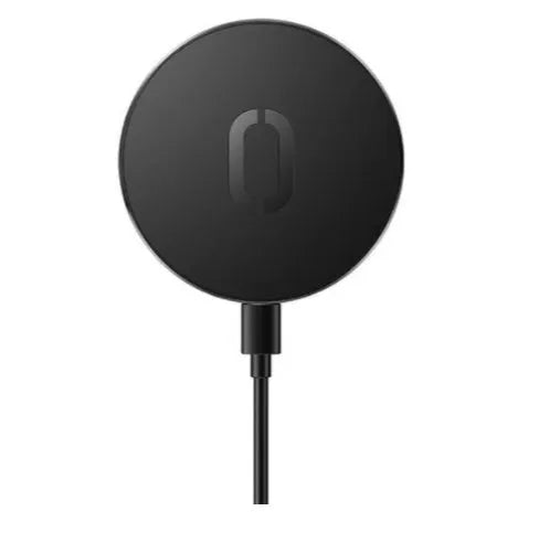 Ultra-thin 15W magnetic wireless charger in black, 60mm diameter, 6mm thick, with 1-metre cable