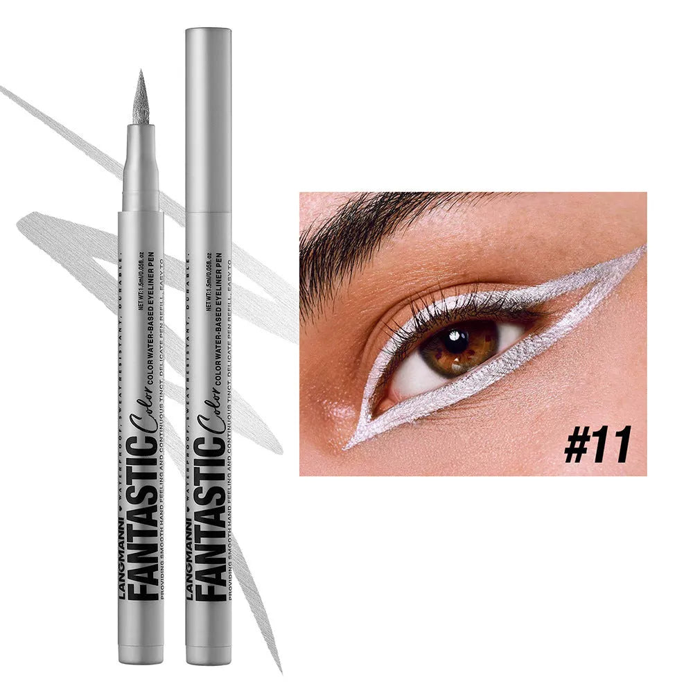 Matte anti-smudge liquid eyeliner in twelve colours including white, gold, purple, brown, blue, and iron grey