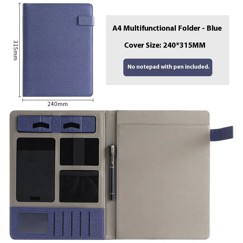 Black leather A4 business folder open, showing interior document space, pen loop, and optional notepad.