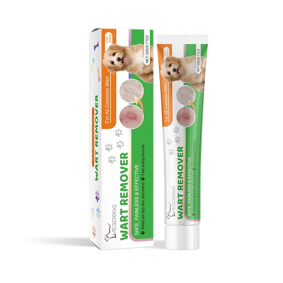 Dog skin patch slow-release cream 20g tube with stated 1.9 x 11.2cm size for topical dog skin care.