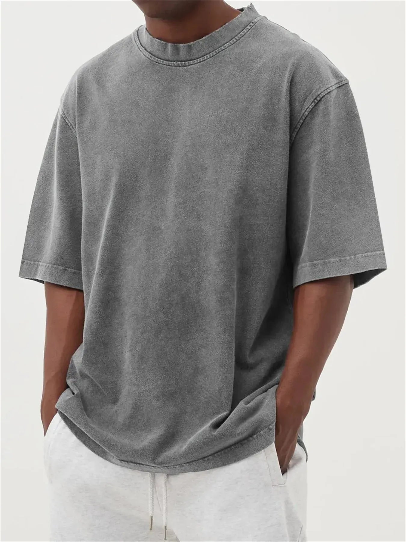 Men's loose fit pullover t-shirt in stone wash distressed finish showing Army Green colour option