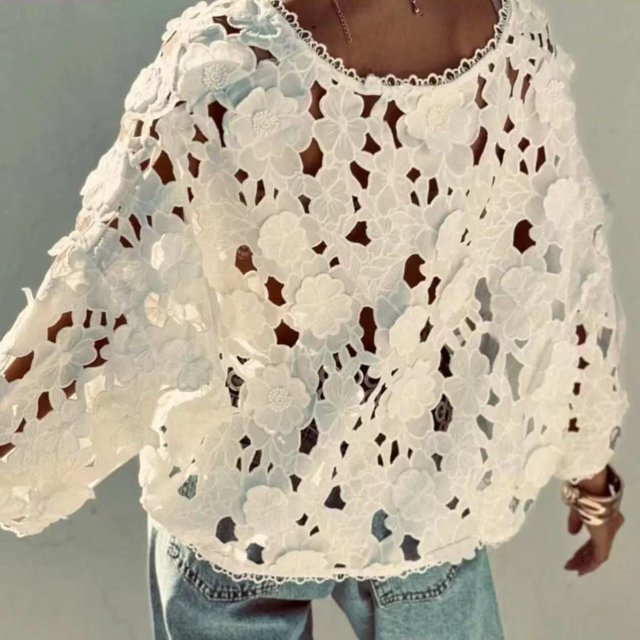 Women's loose fit V-neck lace cardigan with three-dimensional flower embroidery in black