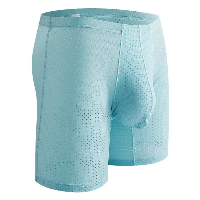 Men's mesh transparent lengthened boxers in black, mid waist nylon knit sports underwear