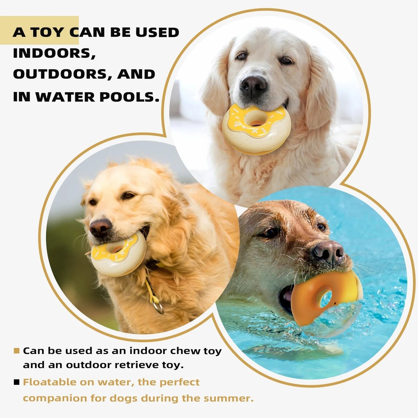 Pink, yellow, and chocolate TPR donut-shaped dog toy with textured cleaning surface.