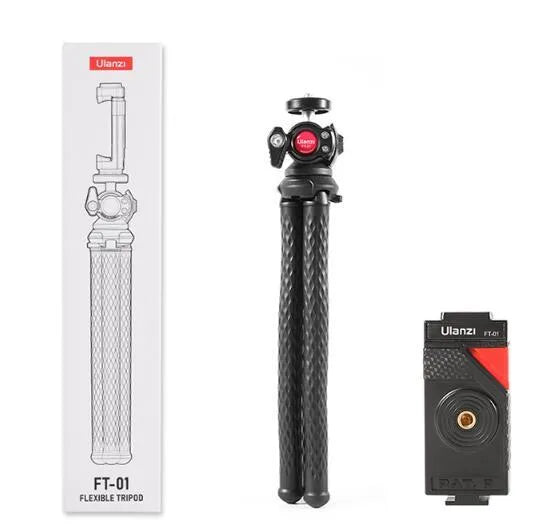 Black octopus-style aluminium alloy mobile phone tripod with adjustable clip, extended to 360mm.
