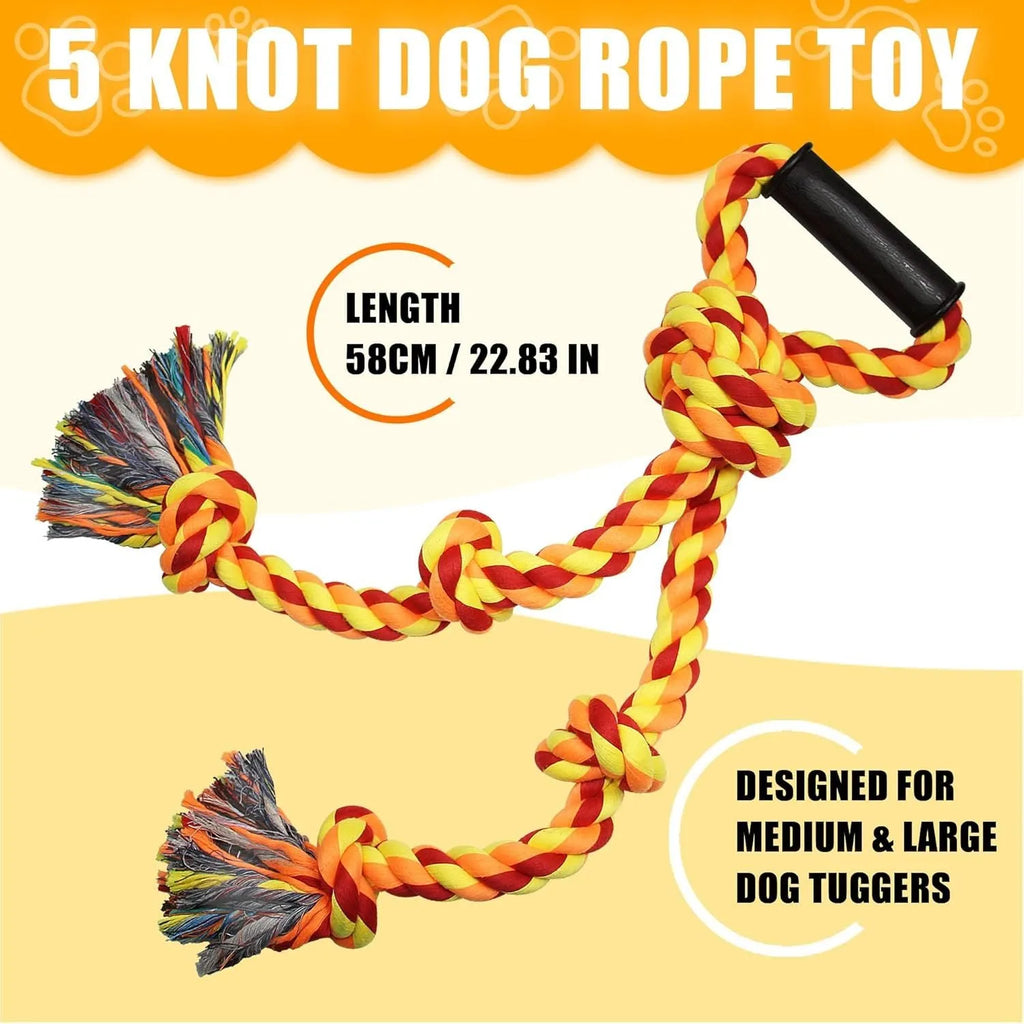 Blue and yellow durable cotton dog rope tug toy with a non-slip handle for large breeds.