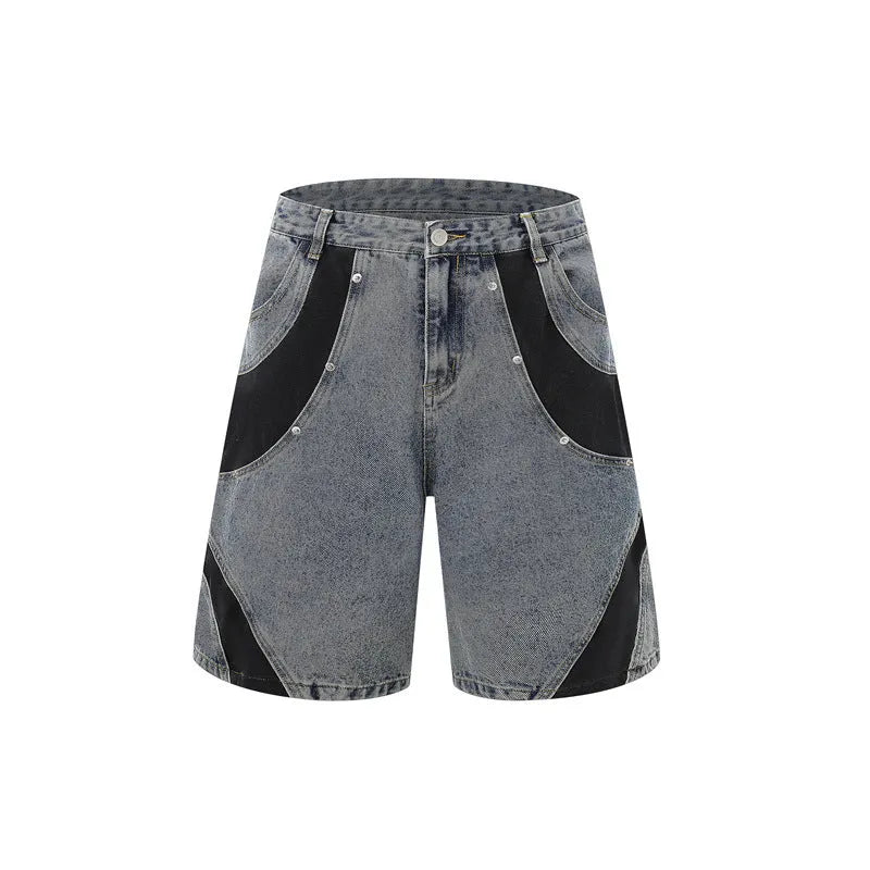 Retro washed denim suit set with short sleeve shirt and matching trousers in black or blue colour