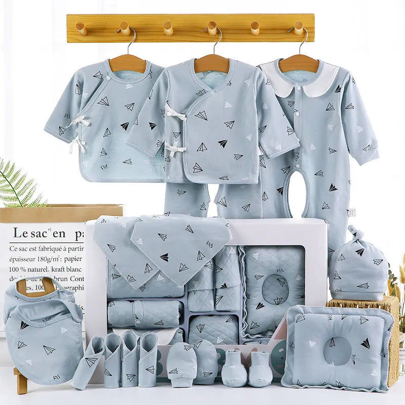 Baby cotton clothes gift box with 22-piece long sleeve cardigan set in pink and blue cartoon patterns