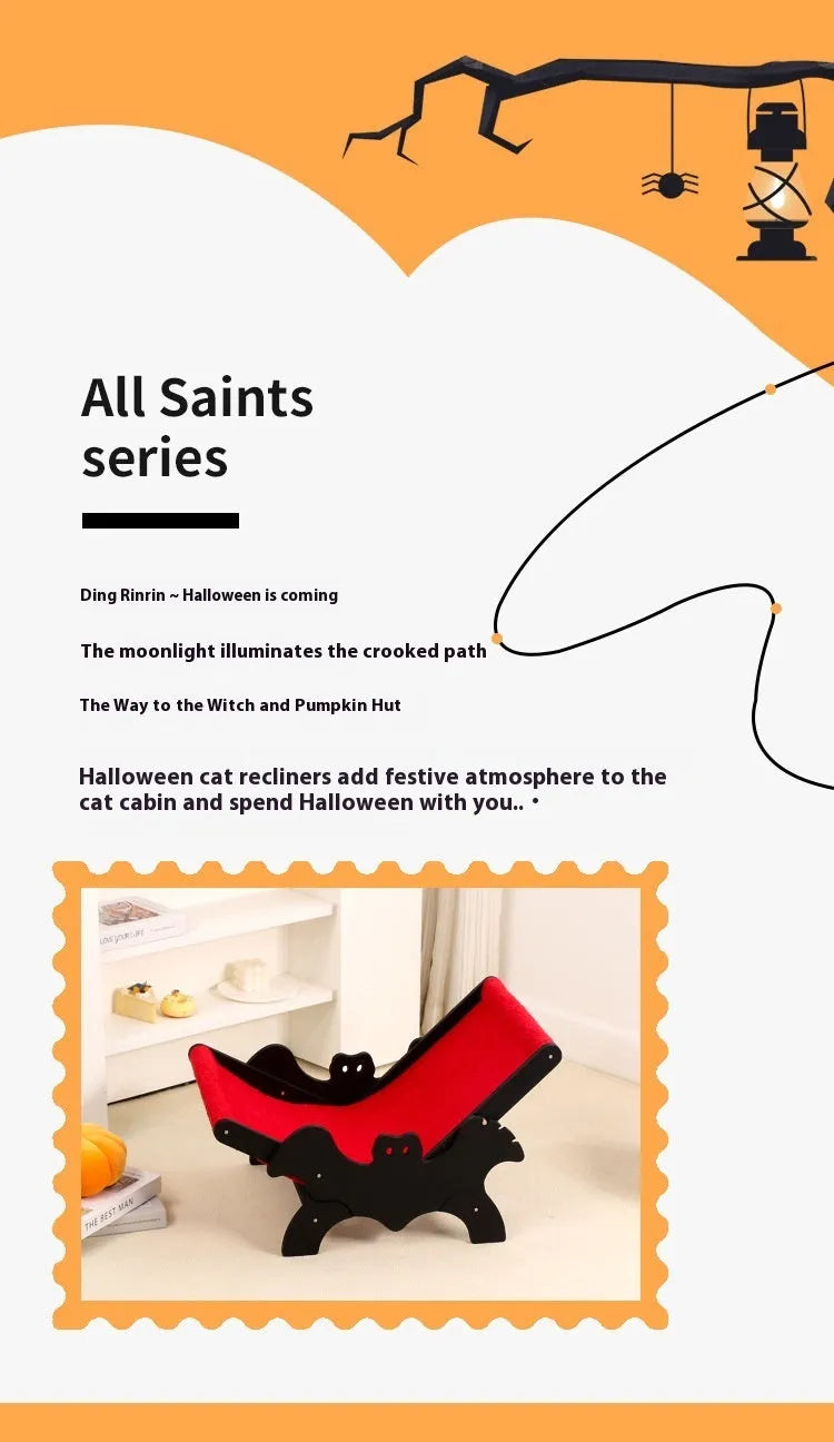 Black and red Halloween-themed wooden cat recliner bed with slatted frame.