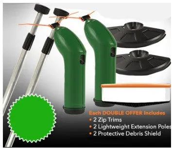 Cordless lawn trimmer with extension pole and protective debris shield for garden maintenance