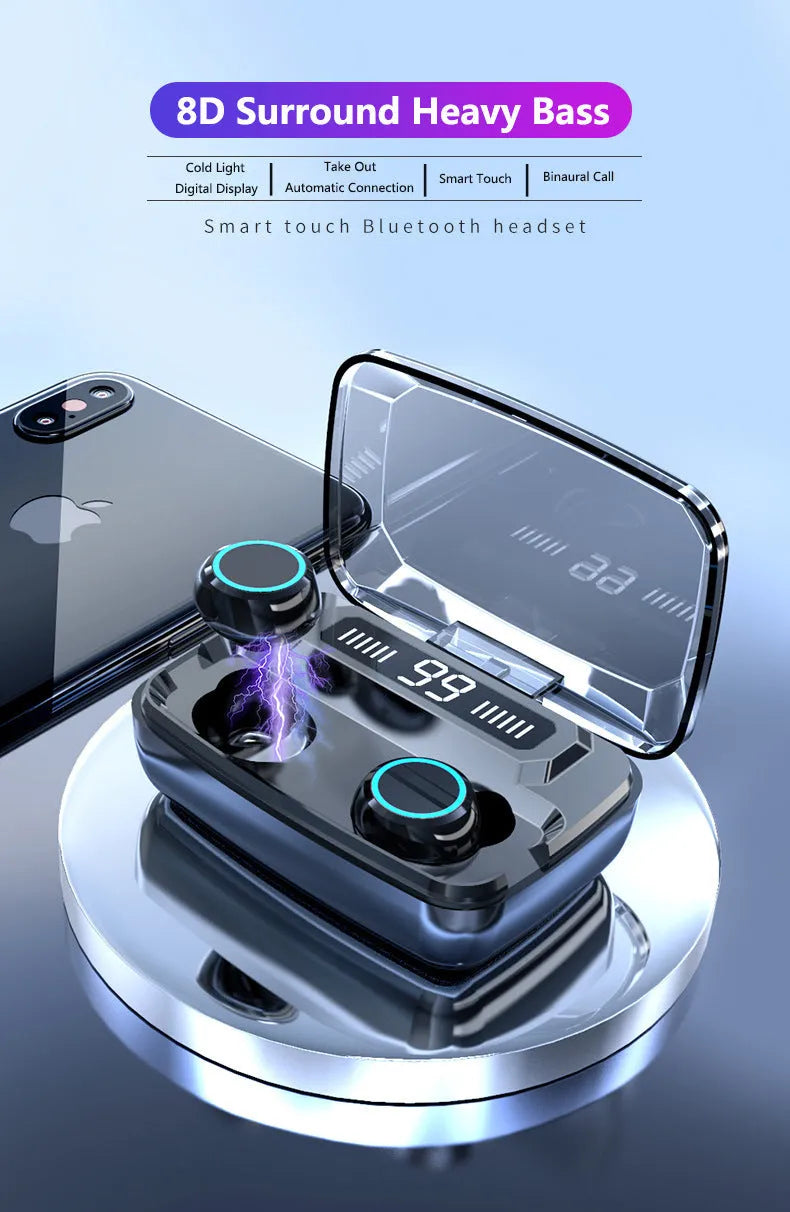 Black M11 Bluetooth wireless headset with digital display and mobile phone holder.