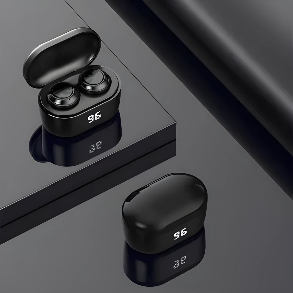 Black stereo Bluetooth in-ear headphones with silicone tips, showcasing wireless design for calls and music.