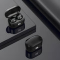Black stereo Bluetooth in-ear headphones with silicone tips, showcasing wireless design for calls and music.