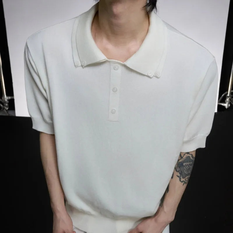 Men's loose fit double collar short sleeve polyester shirt in solid colour with fastener decoration