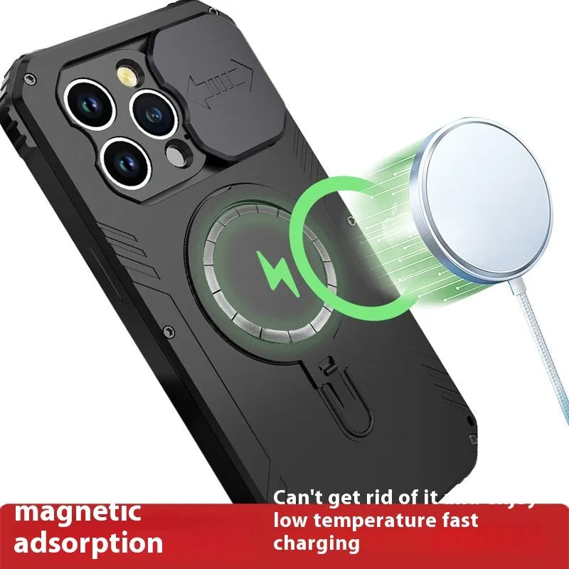 Desktop metal bracket phone case for IPhone15 with built-in stand, magnetic suction, in black aluminium alloy and silicone
