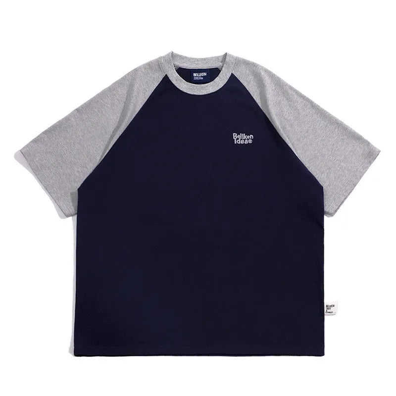 Japanese junior raglan sleeve t-shirt for men in blue, green, or grey with loose pullover style