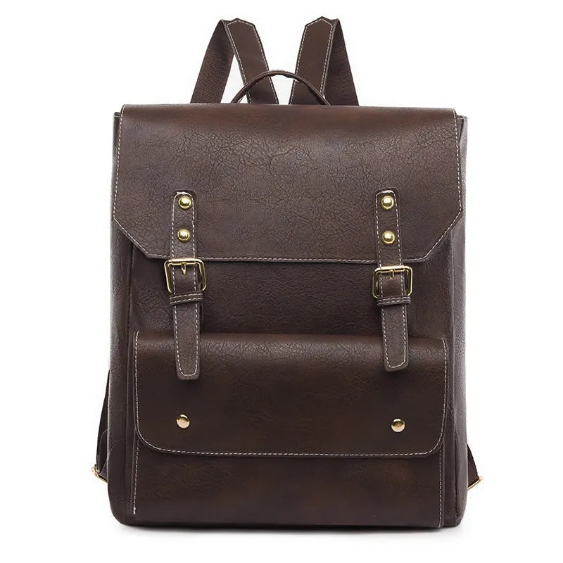 Korean style retro backpack in brown colour showing ventilation back panel and soft PU construction