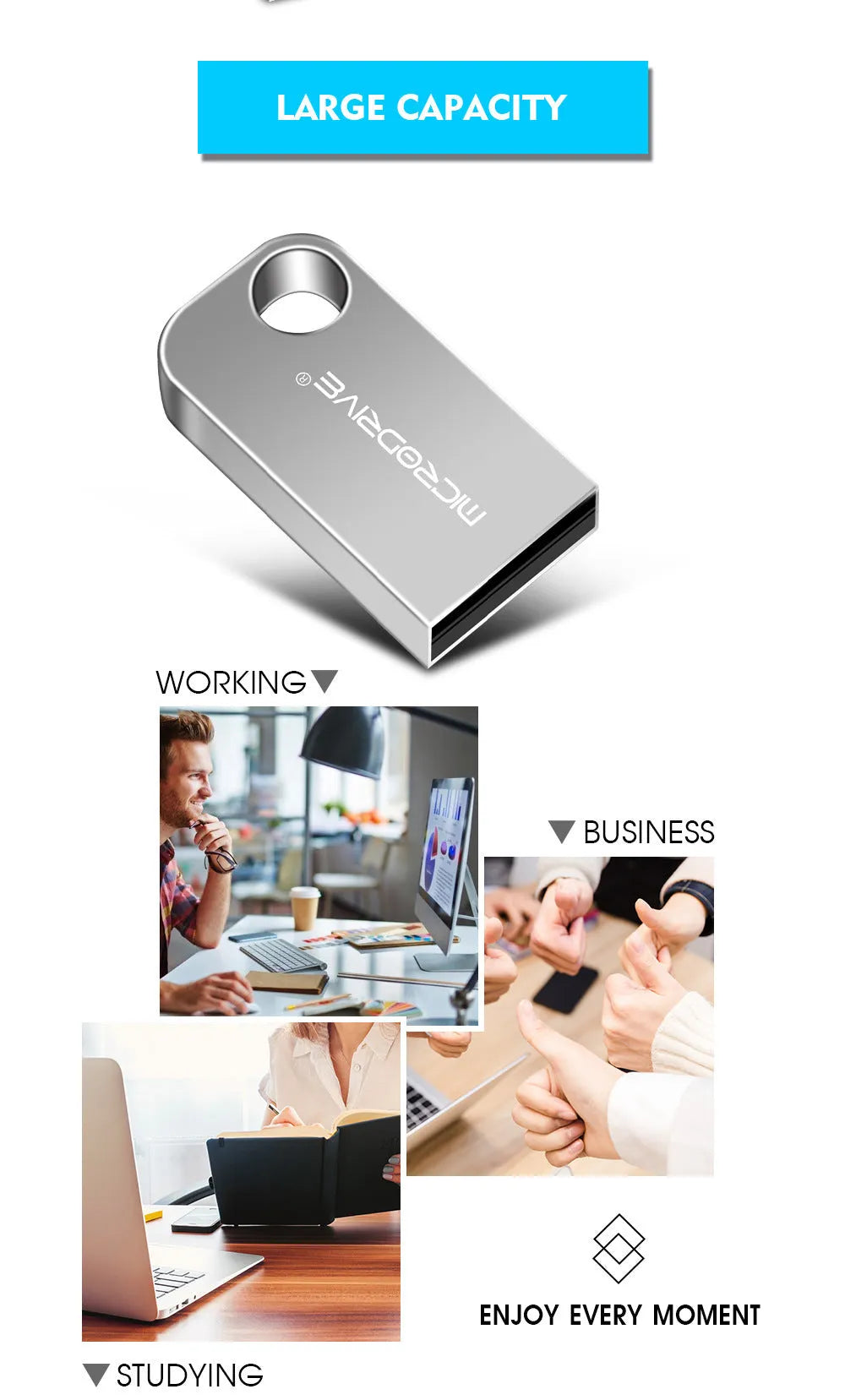 Silver grey 16GB mini USB flash drive with metal rotation cover on a dark background