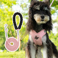 Blue polyester dog vest with an attached hand-holding lead, shown on a model dog.
