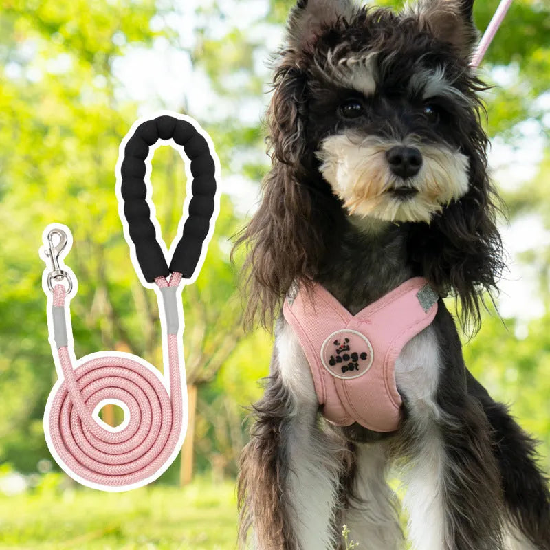 Blue polyester dog vest with an attached hand-holding lead, shown on a model dog.
