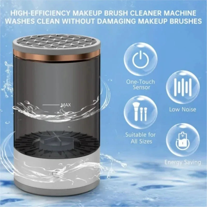 Automatic rotating makeup brush cleaner in grey or white, 16 x 9cm, with USB power cord and one-key control switch.