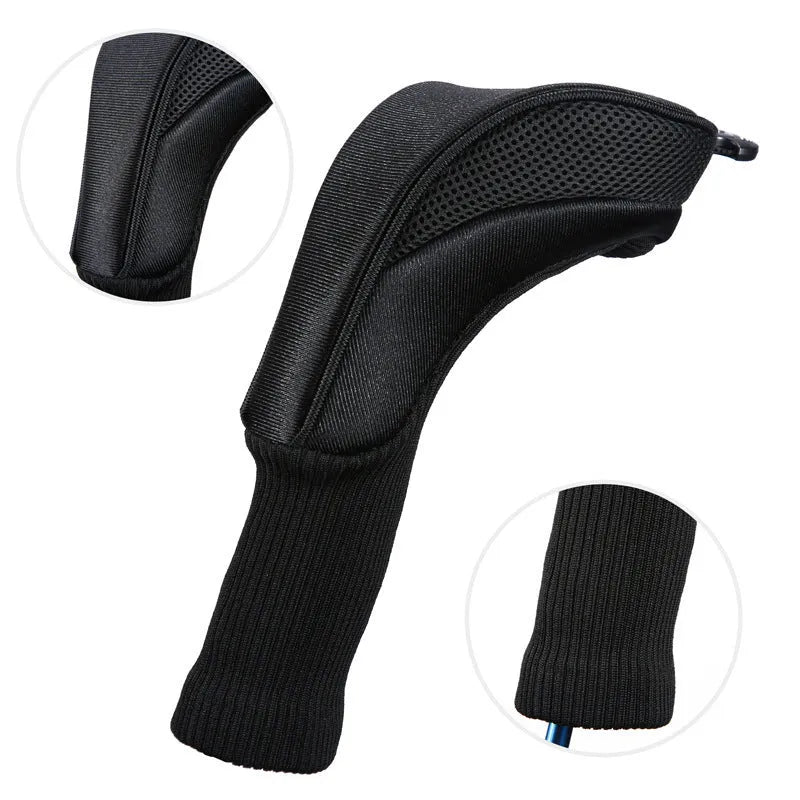 Set of six fabric golf club covers in black, blue, red, and two-tone stripes for driver and fairway wood protection