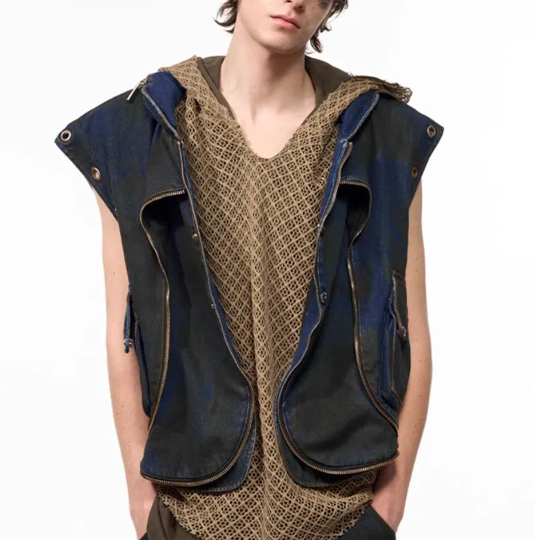Blue Korean style hooded denim vest and matching trousers set with front zipper closure