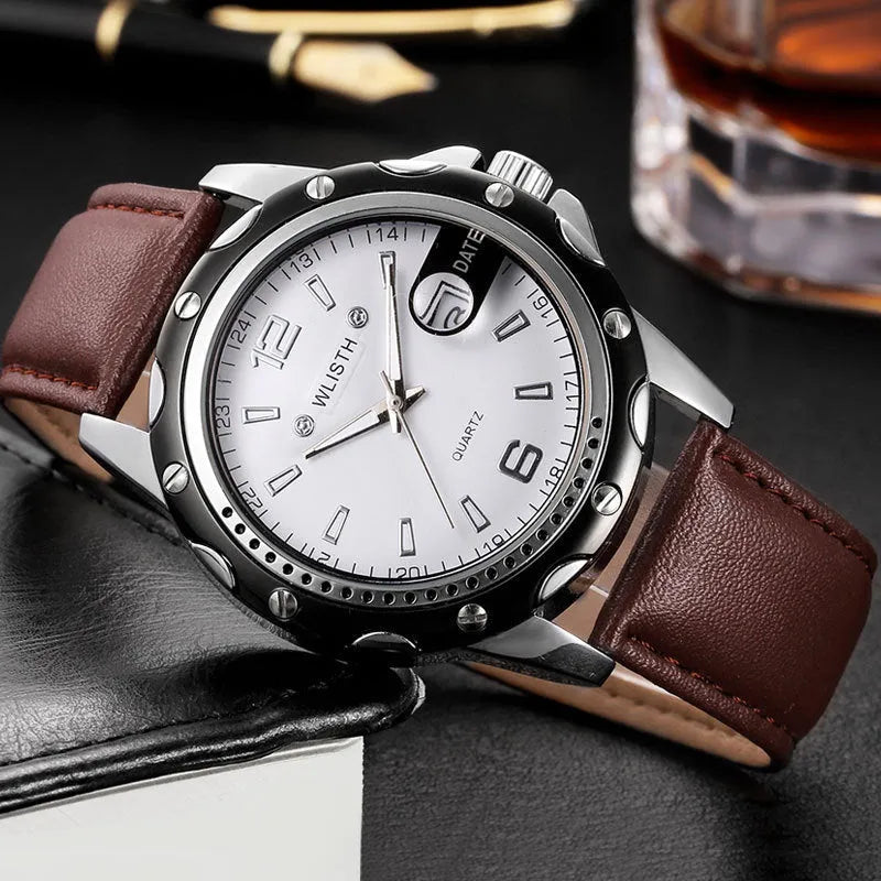 Men's waterproof calendar quartz watch with black dial and steel bracelet, 11mm thick, date display window at three o'clock