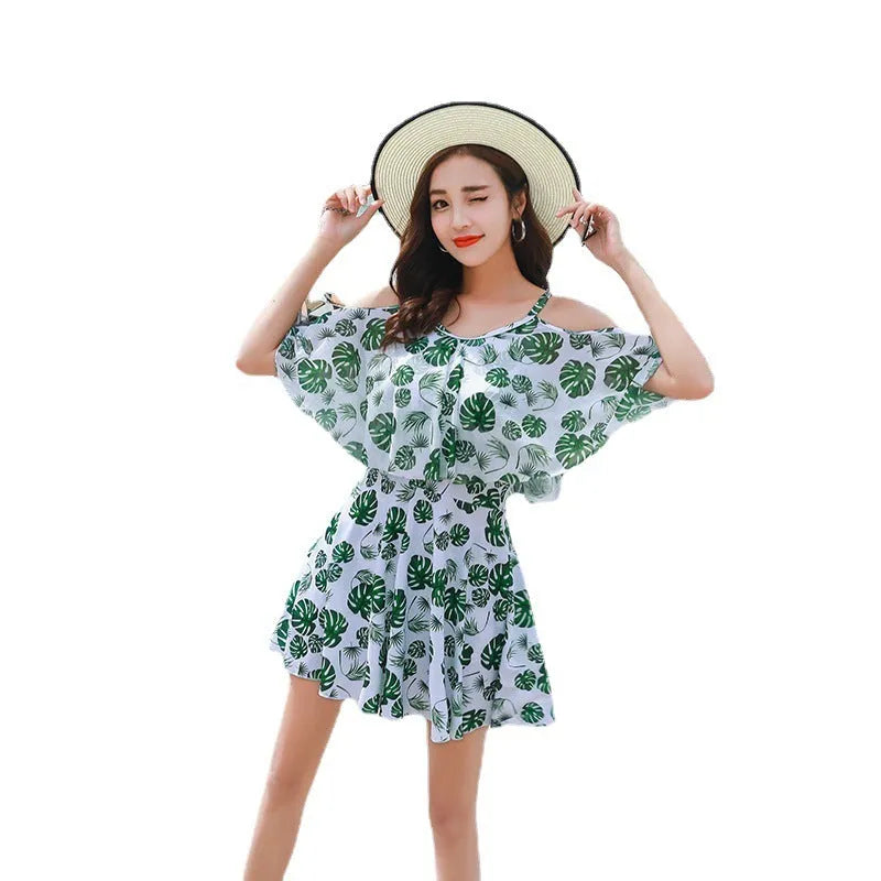Women's green leaf printed one-piece swimsuit with polyester construction for swimming