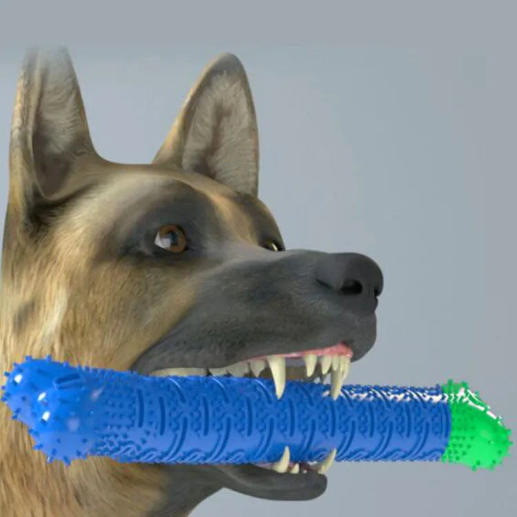 Blue and green silicone dog dental chew toy with brush-head texture and nodule design for cleaning teeth.