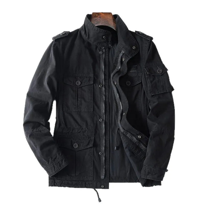 Men's loose fit cotton zip jacket in light brown, green, or black