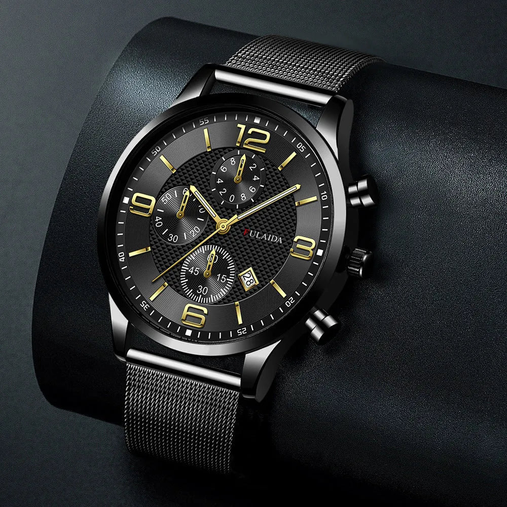 Men's quartz watch with 40mm circular dial, alloy strap, titanium metal buckle, and pointer display.