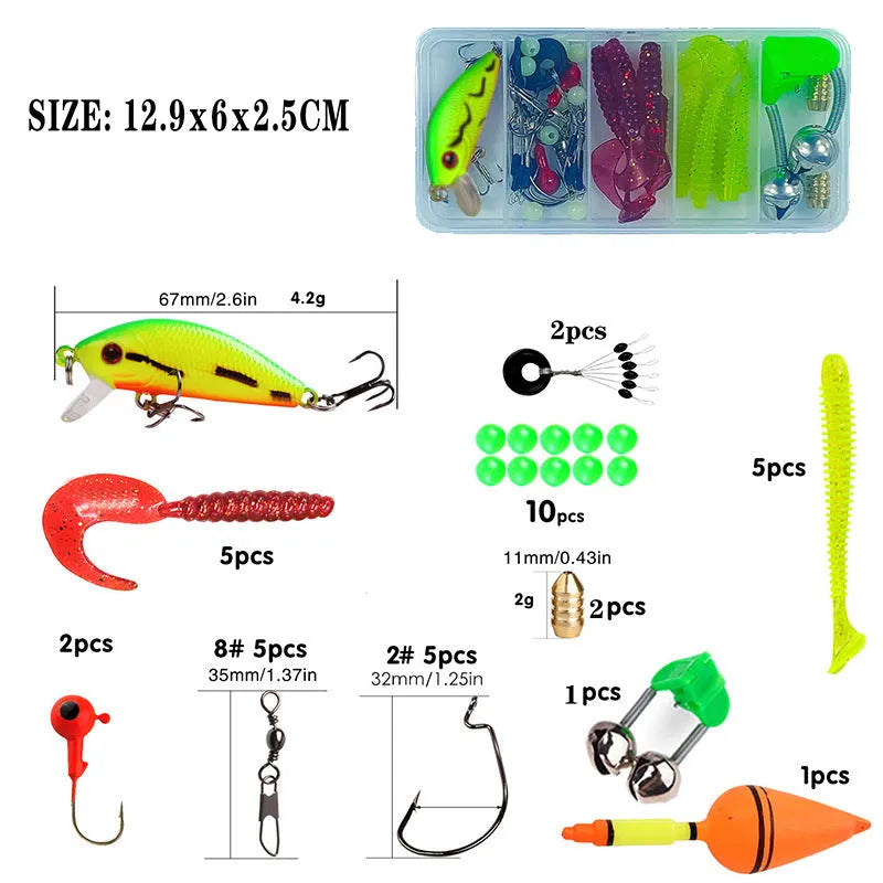 Children's blue telescopic fishing rod and reel combo with bait accessory box on grass