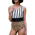 Women's leopard print one-piece swimsuit with asymmetric collar and high-waist triangle briefs.