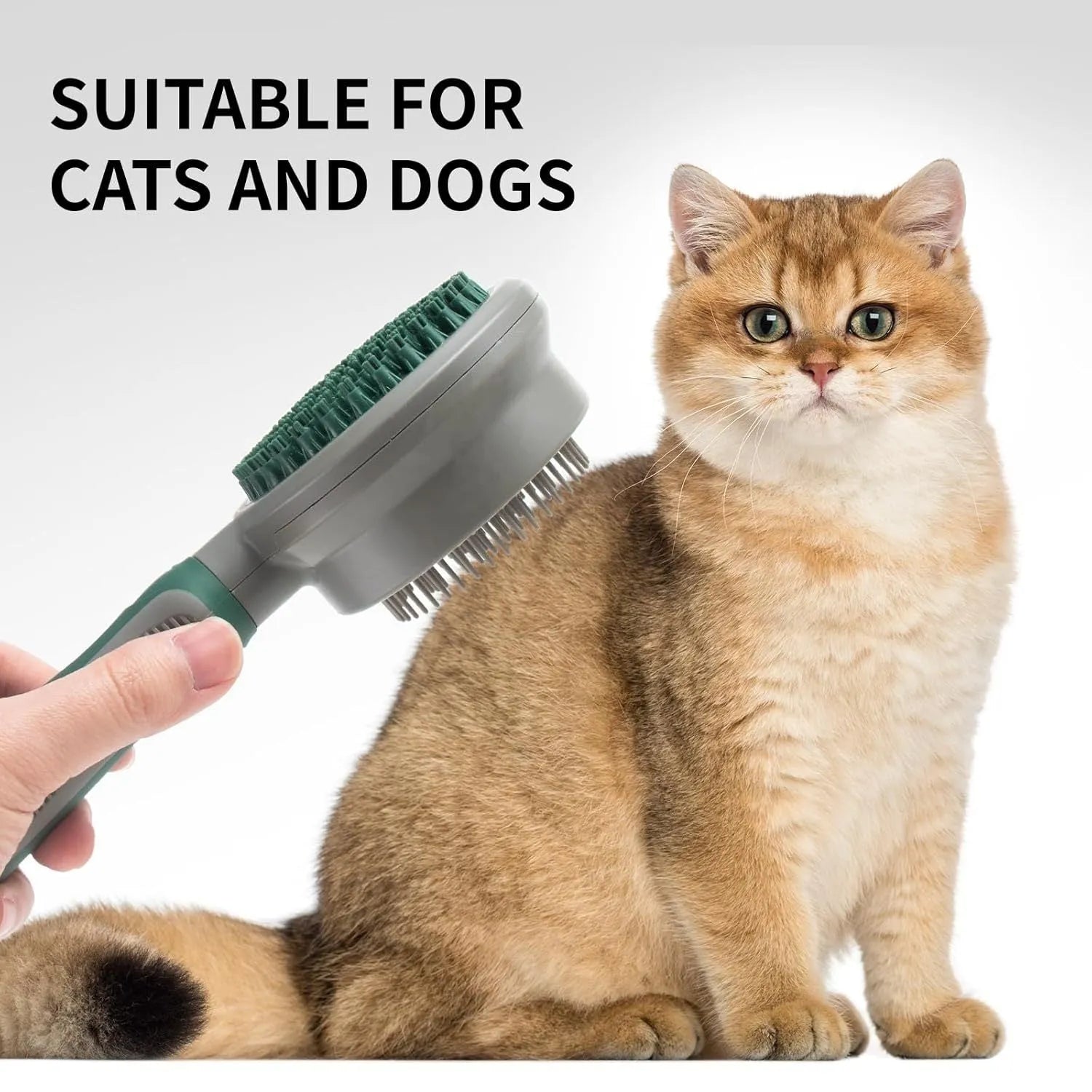Green and pink two-sided silicone pet grooming brush with slicker brush and massage head on a white background