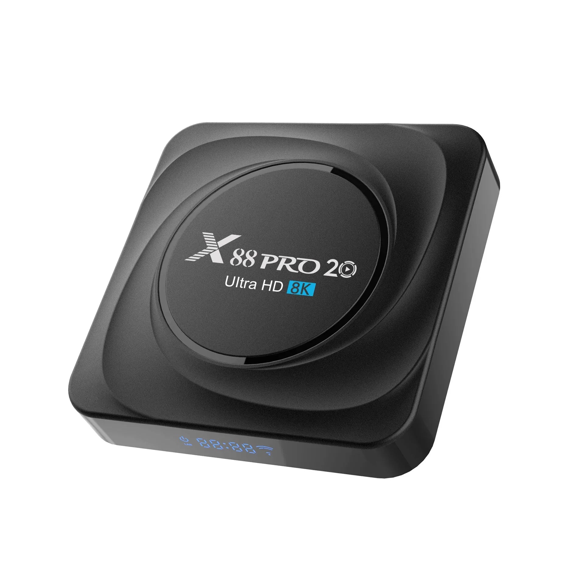 Android set-top TV box with remote control on a wooden surface